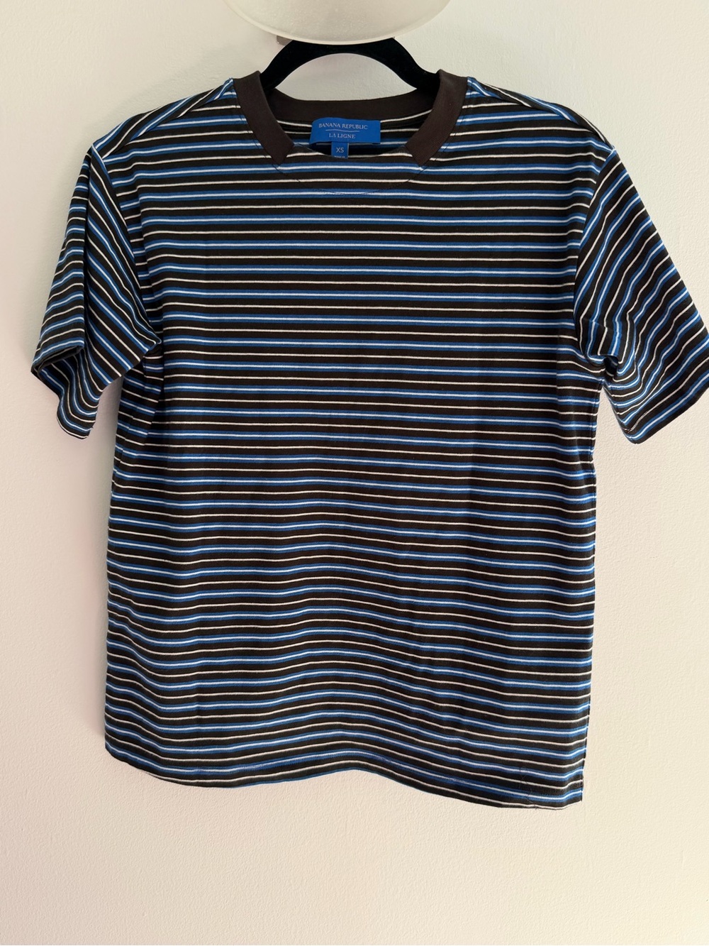 Banana Republic Black, Blue & White Striped Short Sleeve Crew Tee